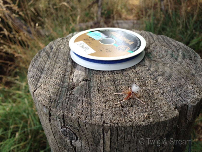 A fishing fly on a stump, with a spool of Maxima Tippet
