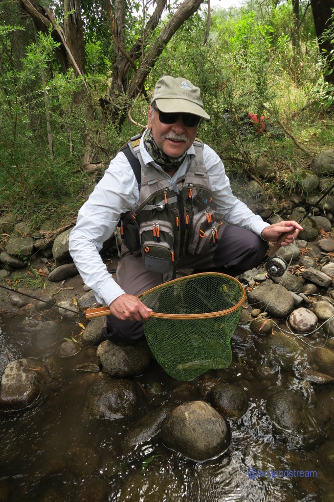 Man holding net and fly rod.